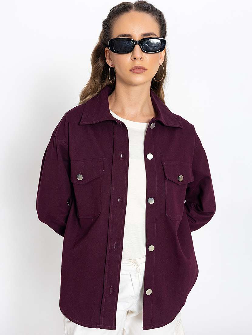 women solid cotton oversized shacket