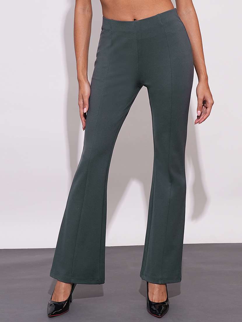 globus women dark grey stretchable mid-rise workwear bootcut treggings