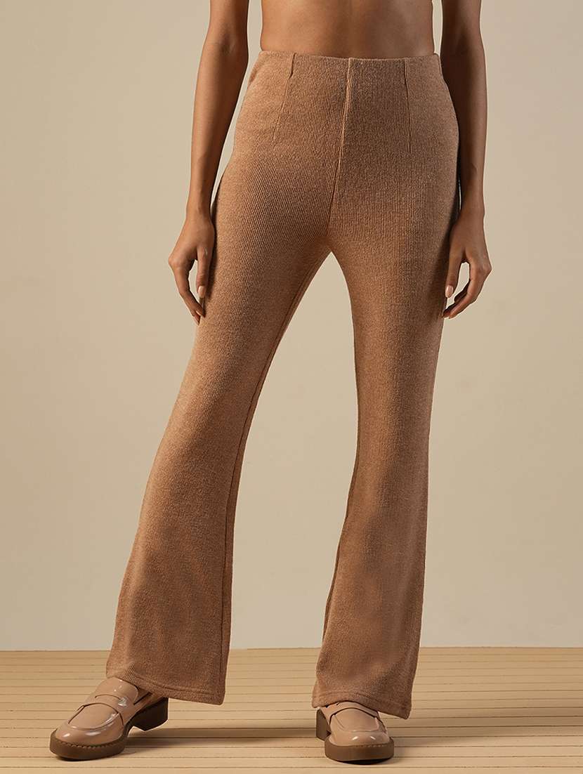 globus women camel self design high-rise flared party treggings