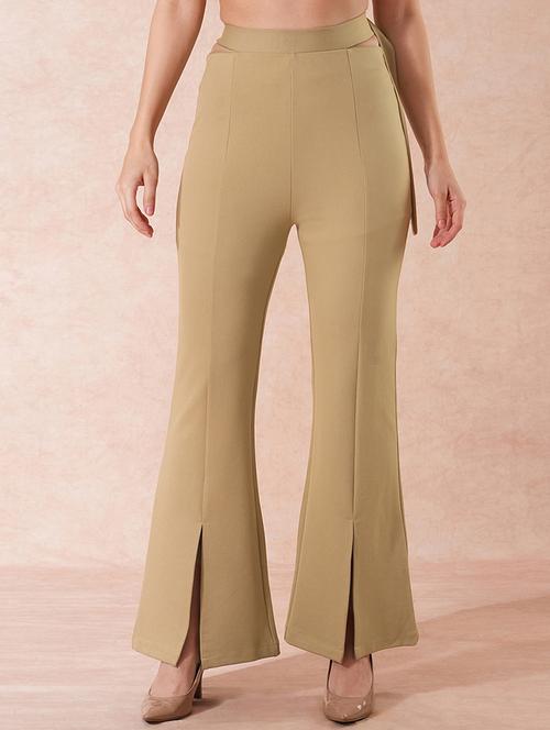 globus women camel stretchable high-rise front slit waist tie-up detail relaxed fit party wear treggings - 21671766 - Standard Image - 0