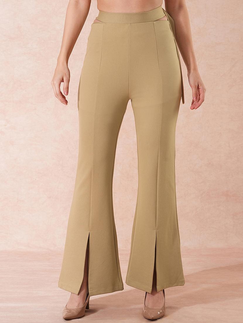 globus women camel stretchable high-rise front slit waist tie-up detail relaxed fit party wear treggings - 21671766 - Zoom Image - 0
