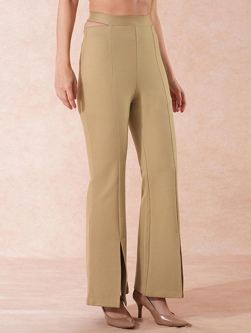 globus women camel stretchable high-rise front slit waist tie-up detail relaxed fit party wear treggings - 21671766 - Standard Image - 2