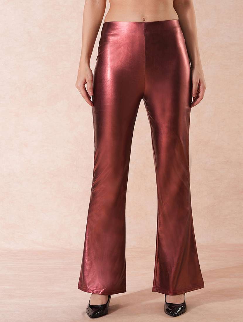 globus women rust stretchable mid-rise sheen flared party treggings