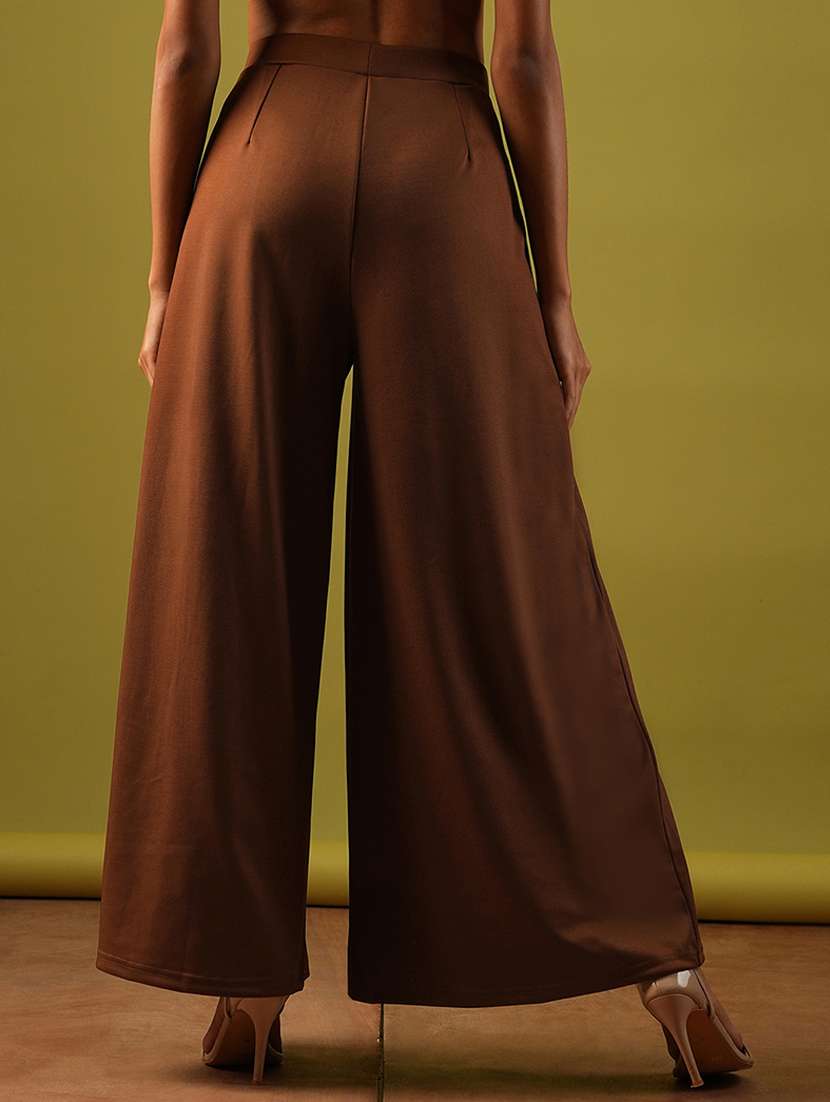 globus women rust solid stretchable high-rise pleated flared wide leg workwear treggings - 21671770 -  Standard Image - 2