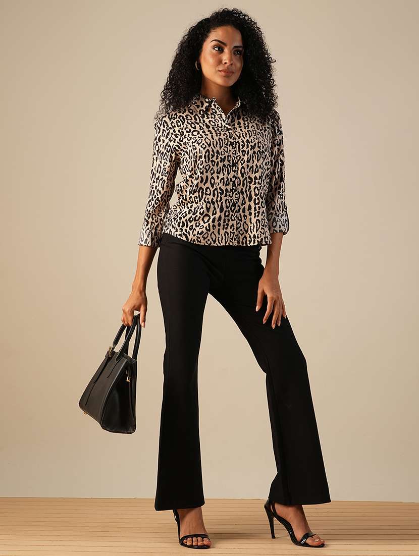 globus women beige roll up sleeves animal print workwear shirt