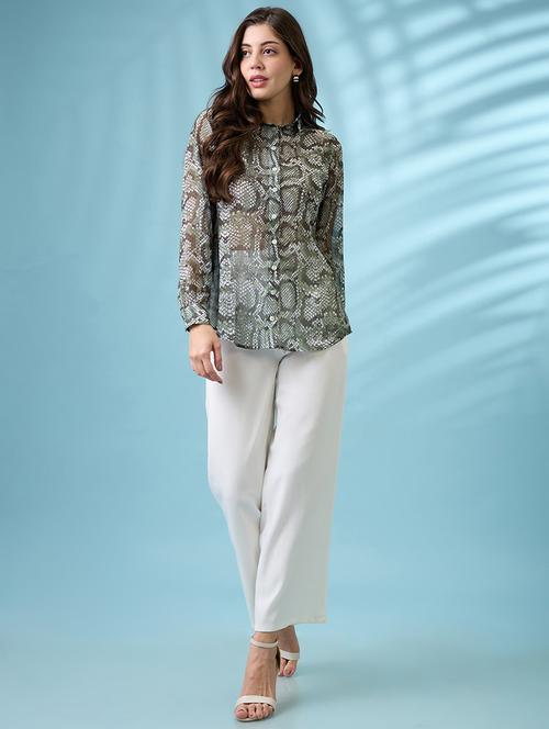 globus women green cuffed sleeves animal print georgette workwear shirt - 21671774 -  Standard Image - 0