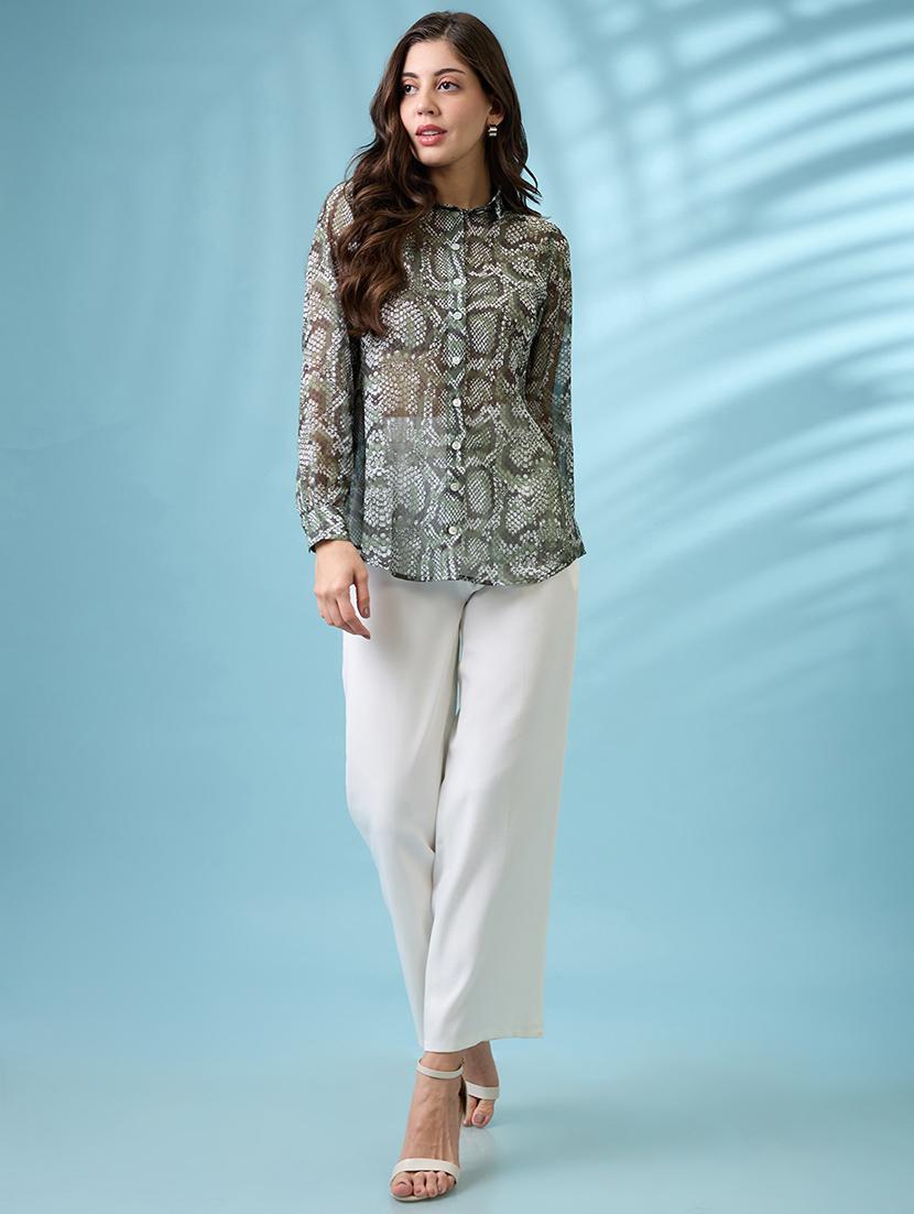 globus women green cuffed sleeves animal print georgette workwear shirt - 21671774 -  Zoom Image - 0