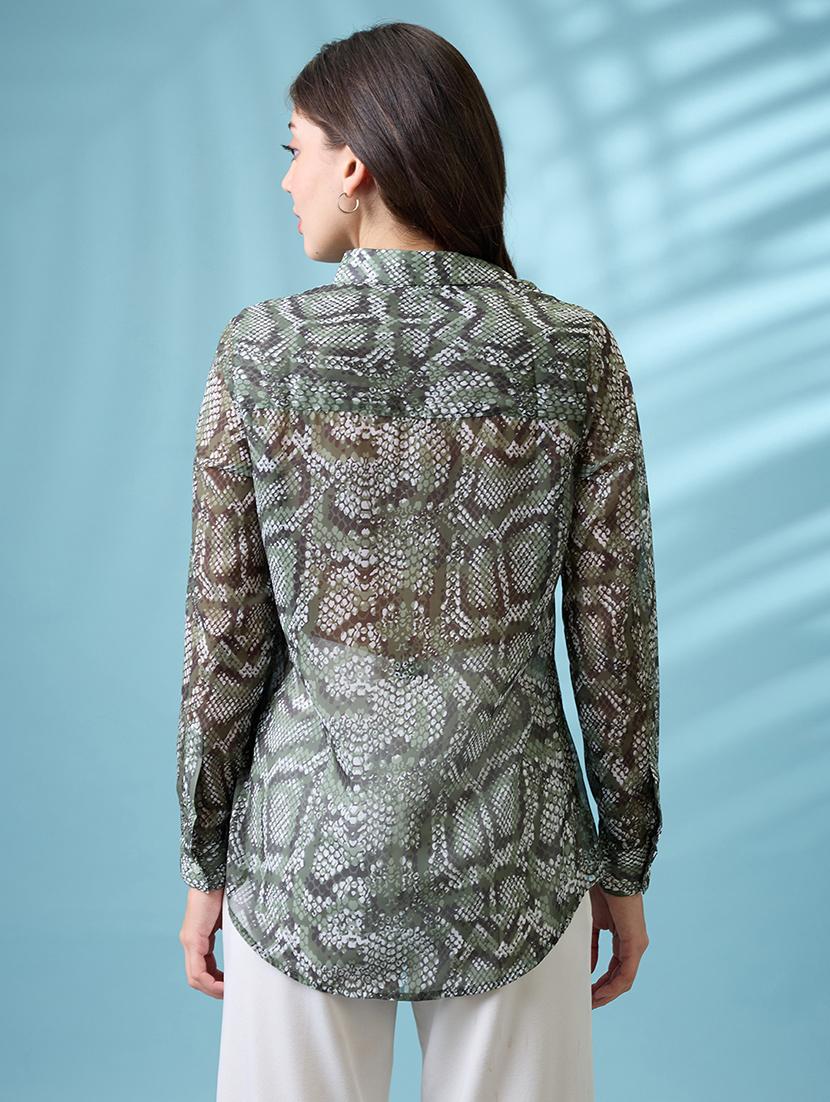 globus women green cuffed sleeves animal print georgette workwear shirt - 21671774 - Standard Image - 2