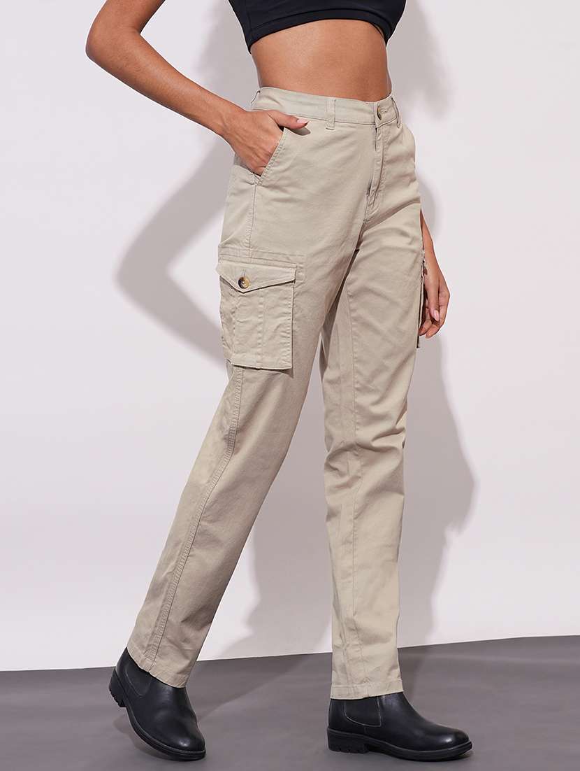 globus women beige cotton stretchable high-rise relaxed fit cargo trousers - 21671778 - Standard Image - 2