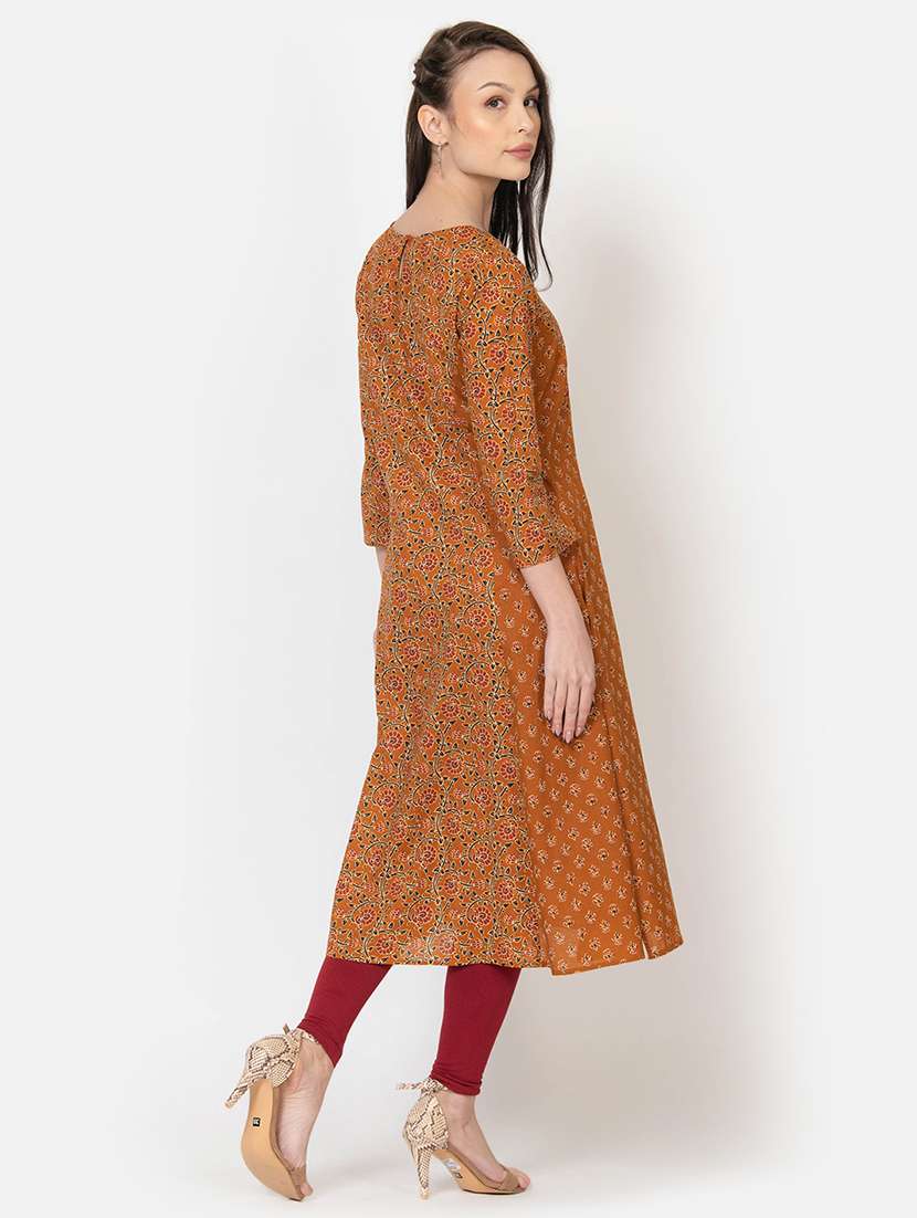 women mustard floral round neck a-line kurta - 21671899 -  Standard Image - 2