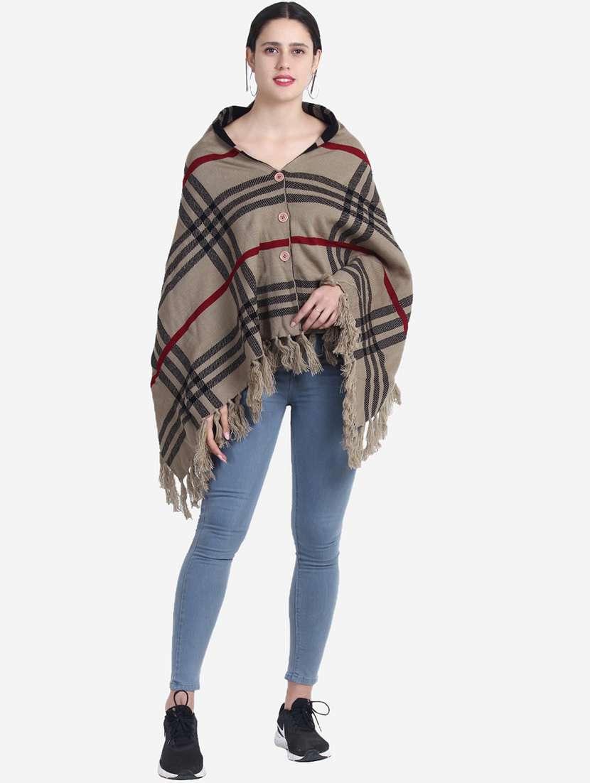 women beige checkered poncho