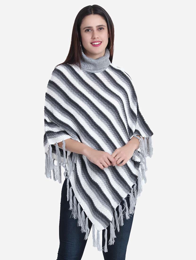 women striped high neck poncho