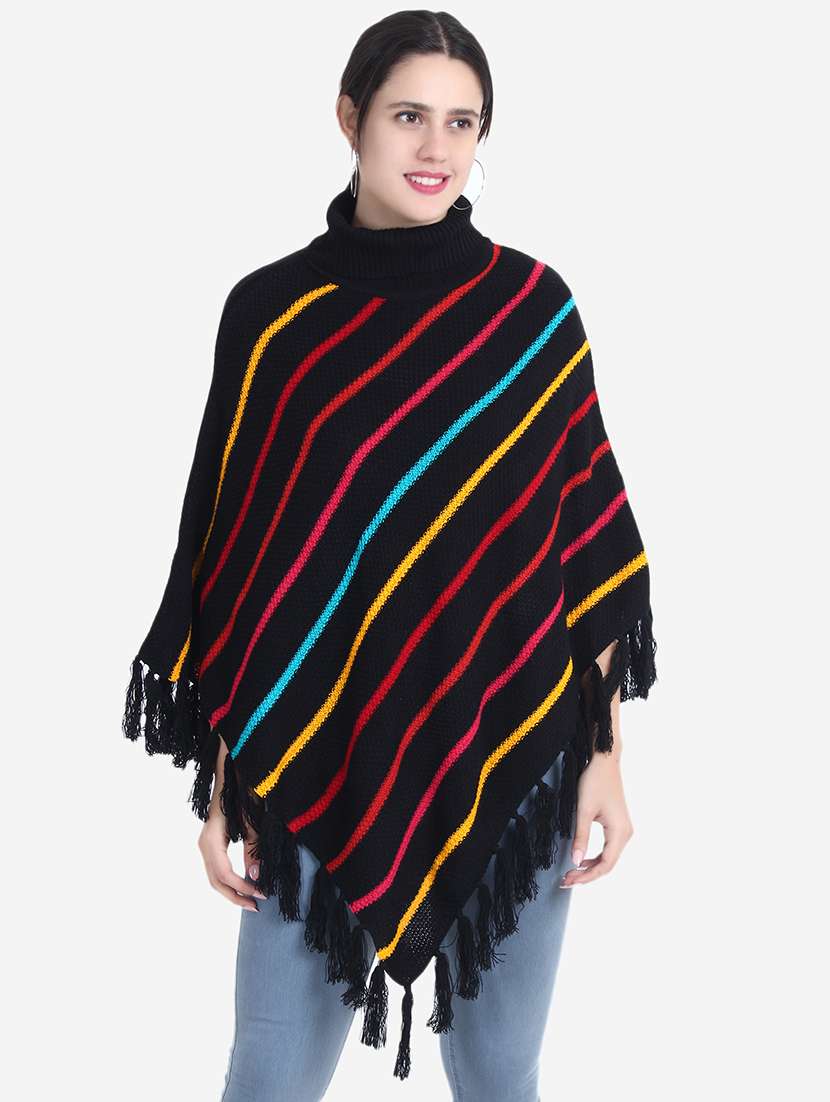 women striped high neck poncho