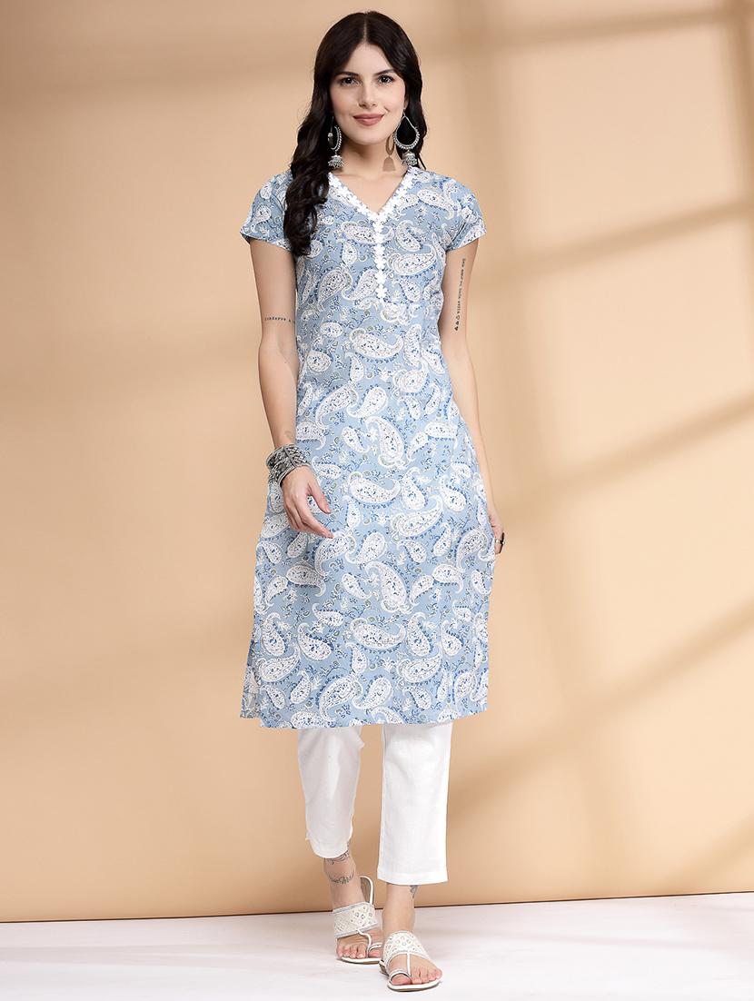 women paisley printed three quarter sleeve straight kurta - 21672224 - Zoom Image - 0