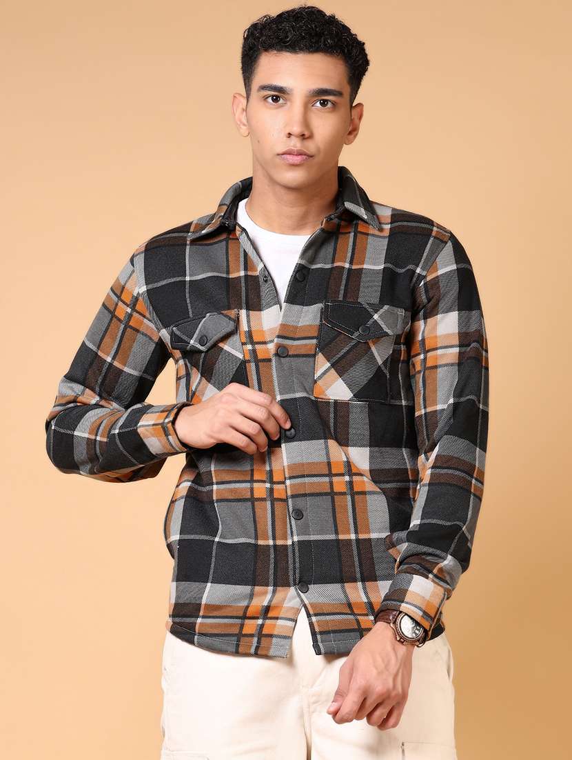 men long sleeves checkered shacket
