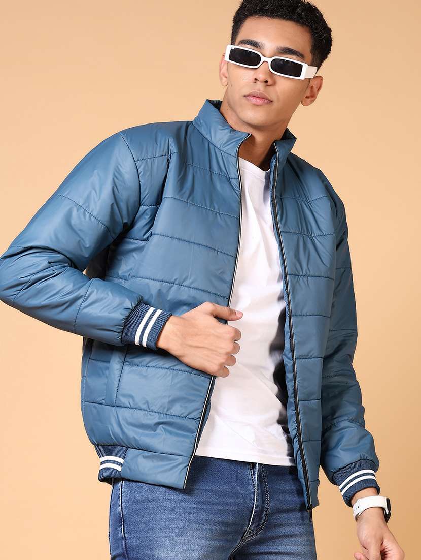 men's blue puffer jacket with stand collar