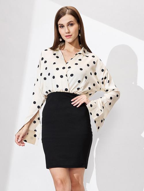 globus women white shirt collar cuffed sleeves polka dots satin gathered mini bodycon workwear dress - 21672390 -  Standard Image - 0