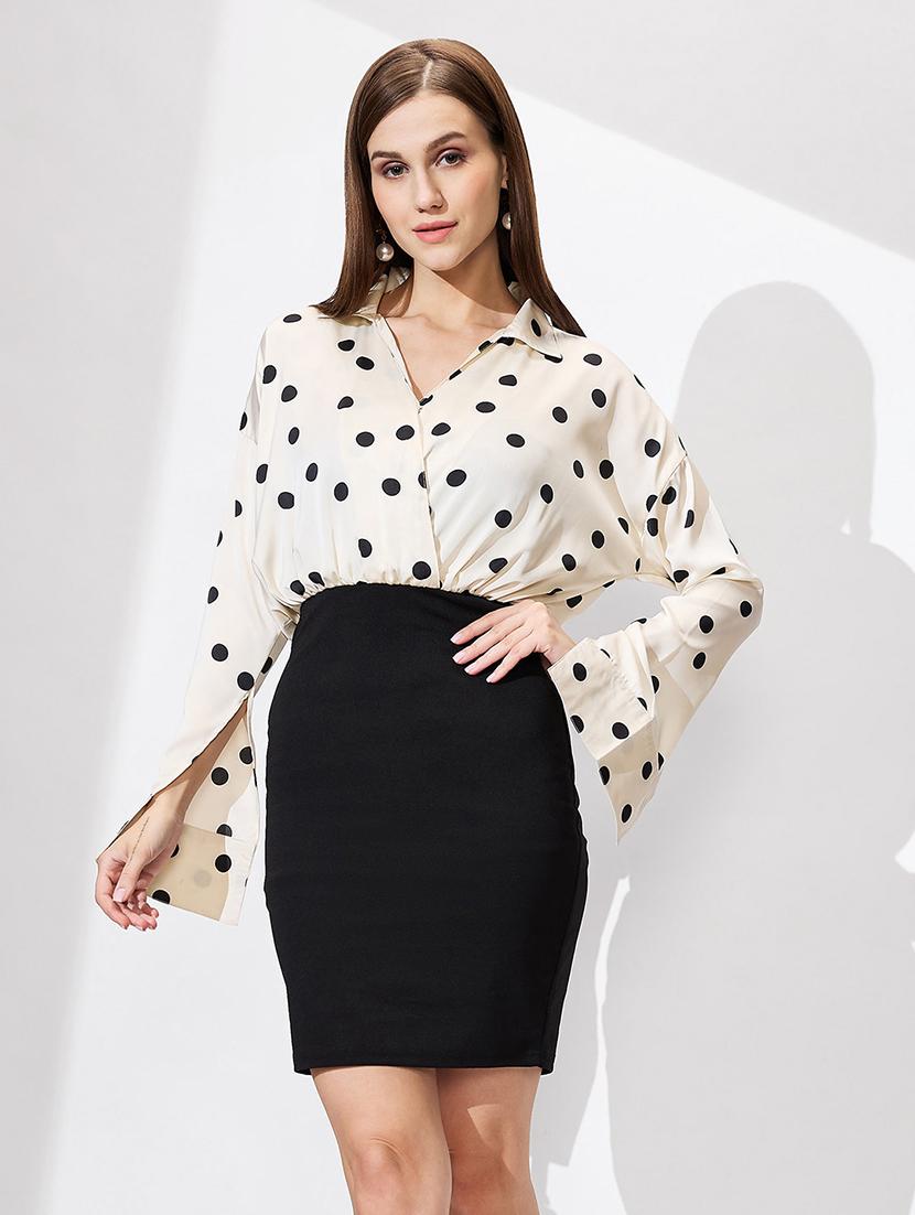 globus women white shirt collar cuffed sleeves polka dots satin gathered mini bodycon workwear dress - 21672390 -  Zoom Image - 0