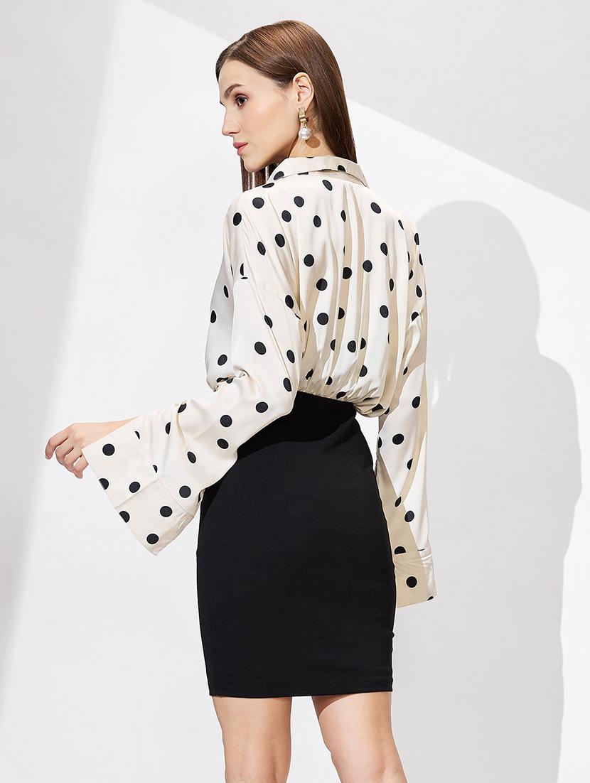 globus women white shirt collar cuffed sleeves polka dots satin gathered mini bodycon workwear dress - 21672390 - Standard Image - 2