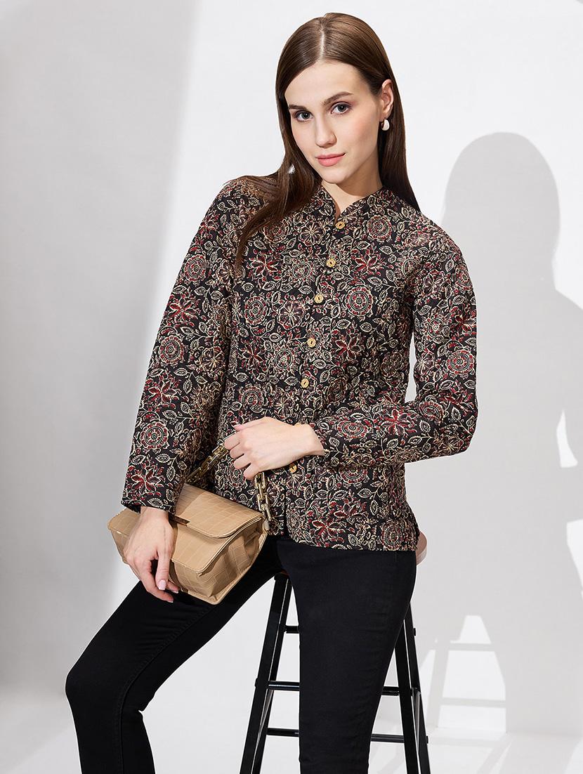 globus women black mandarin collar long sleeves floral print relaxed fit quilted reversible winter shrug - 21672399 -  Zoom Image - 0
