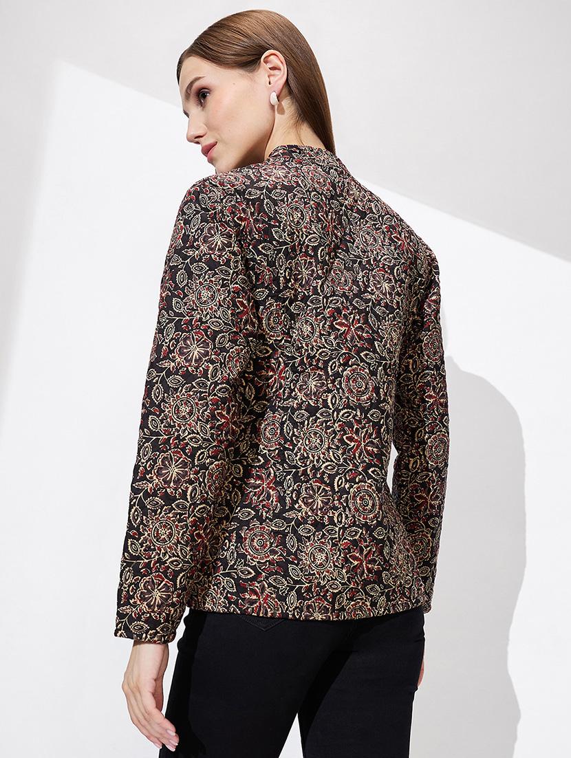 globus women black mandarin collar long sleeves floral print relaxed fit quilted reversible winter shrug - 21672399 - Standard Image - 2