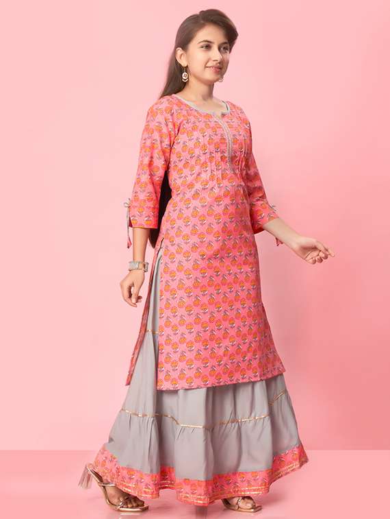 girls floral notch neck straight kurta - 21672949 - Standard Image - 2
