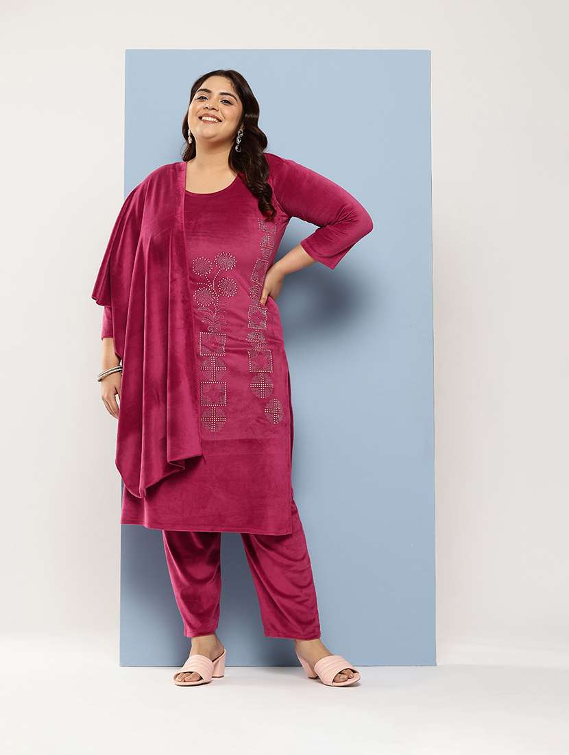 women plus size round neck kurta pant set with dupatta