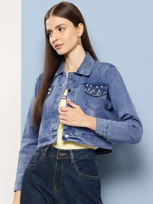women collared long sleeves crop denim jacket - 21673097 - Standard Image - 0