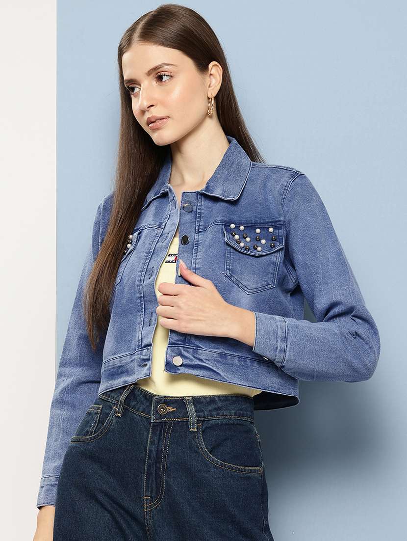 women collared long sleeves crop denim jacket - 21673097 - Zoom Image - 0
