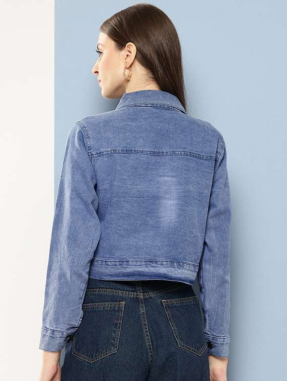 women collared long sleeves crop denim jacket - 21673097 - Standard Image - 2