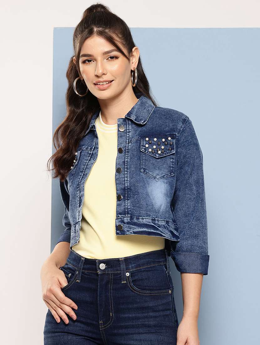 women collared long sleeves crop denim jacket