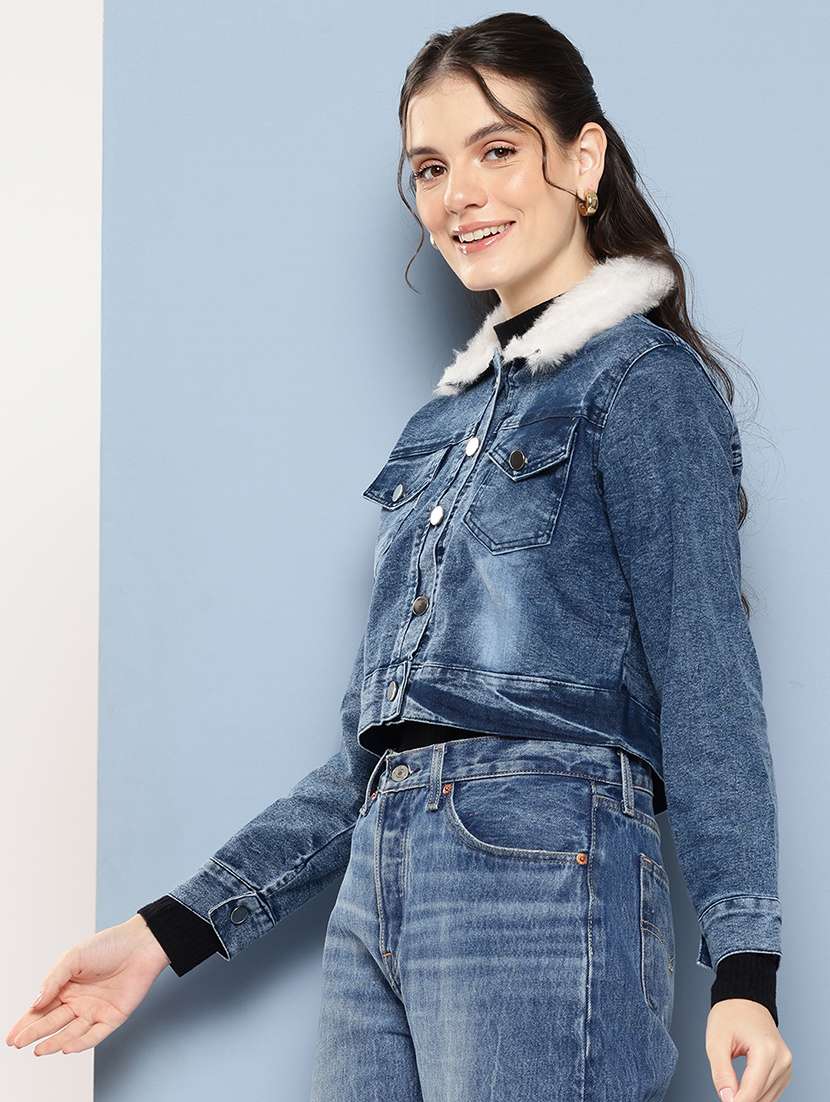 women collared long sleeves crop denim jacket