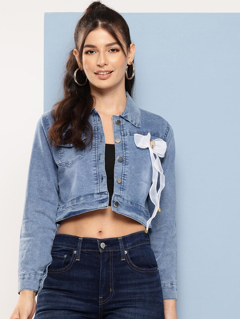 women collared long sleeves crop denim jacket - 21673107 - Zoom Image - 0