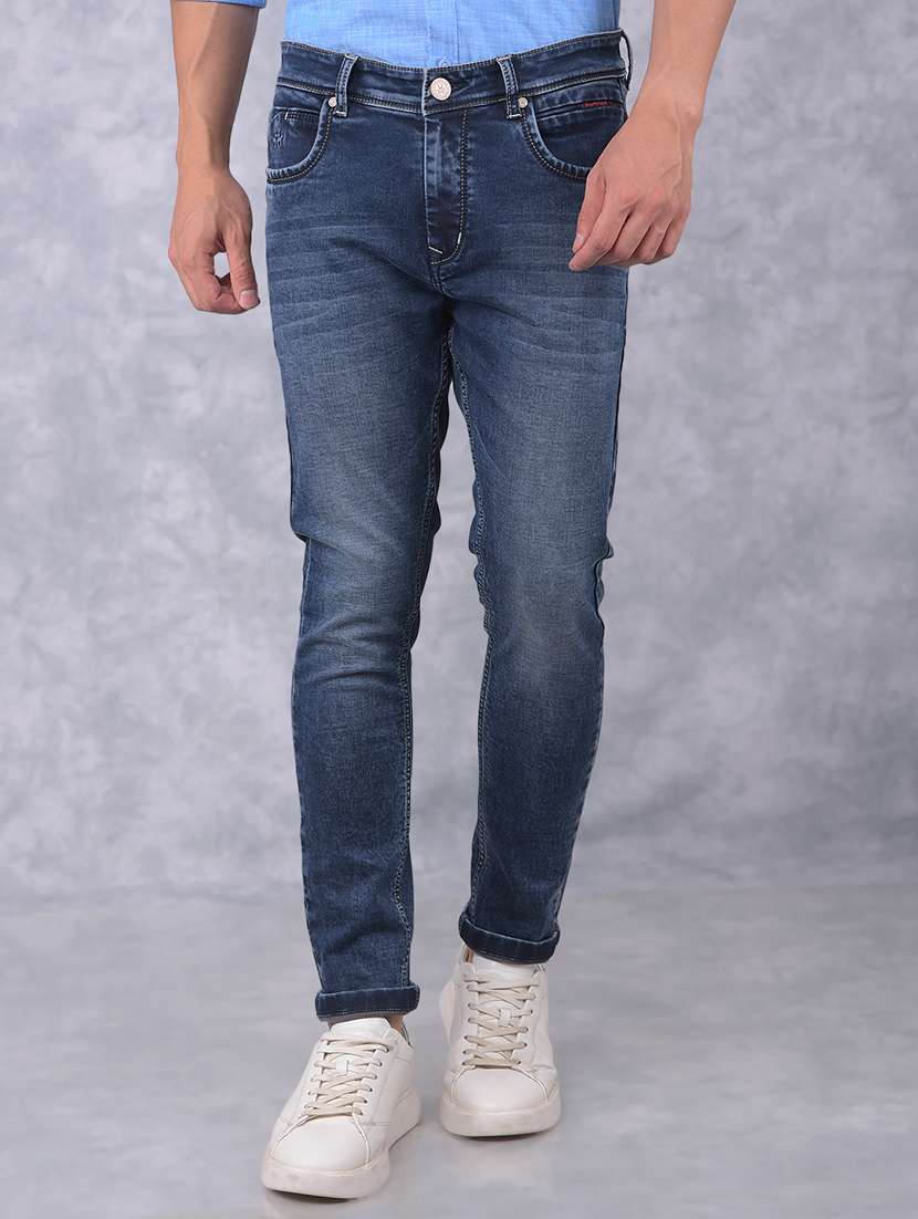 men washed mid rise jeans