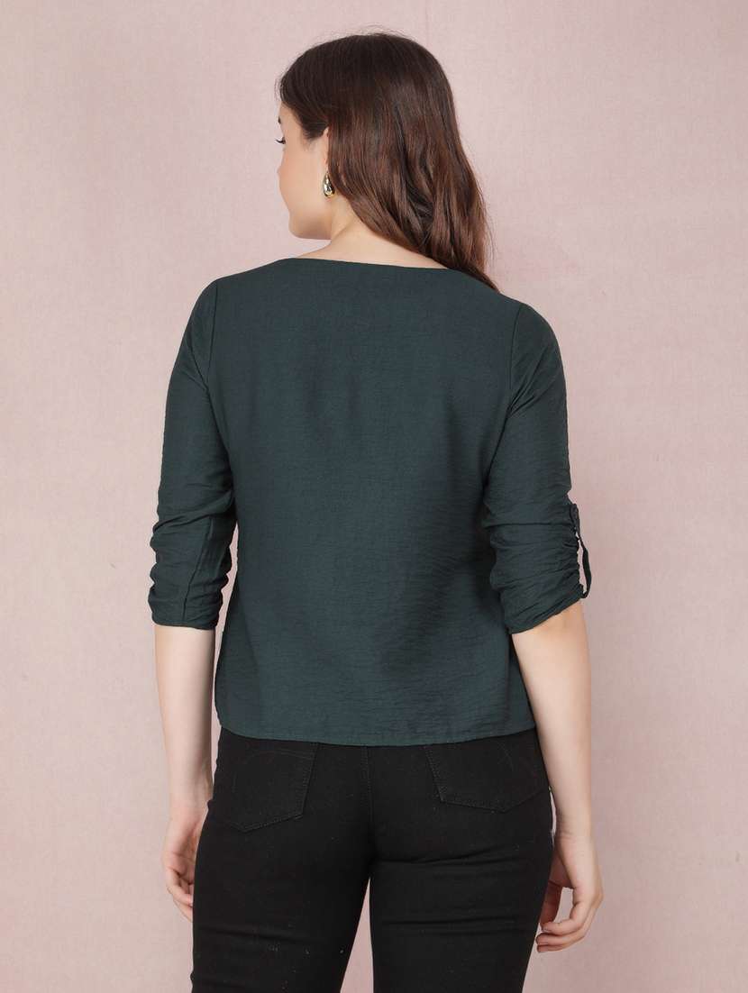 women solid roll up sleeves regular top - 21673414 - Standard Image - 2