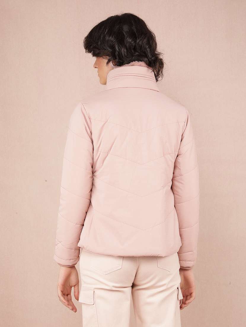 women pink solid long sleeve quilted jacket - 21673438 - Standard Image - 2