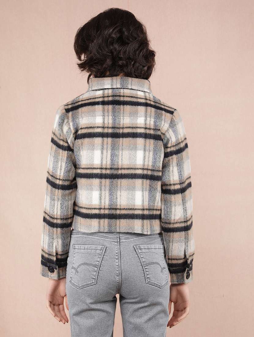 women multi color checks long sleeve shacket - 21673440 - Standard Image - 2