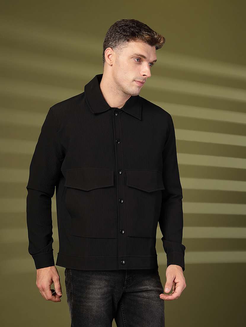 men solid collared long sleeves casual jacket - 21673692 -  Standard Image - 2