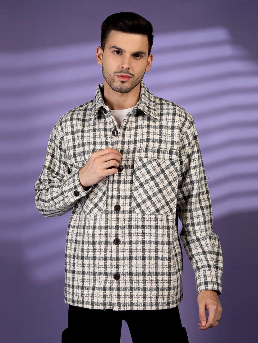 men checkered collared long sleeves shacket
