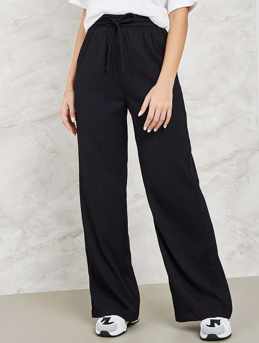 women solid high rise relaxed fit trouser