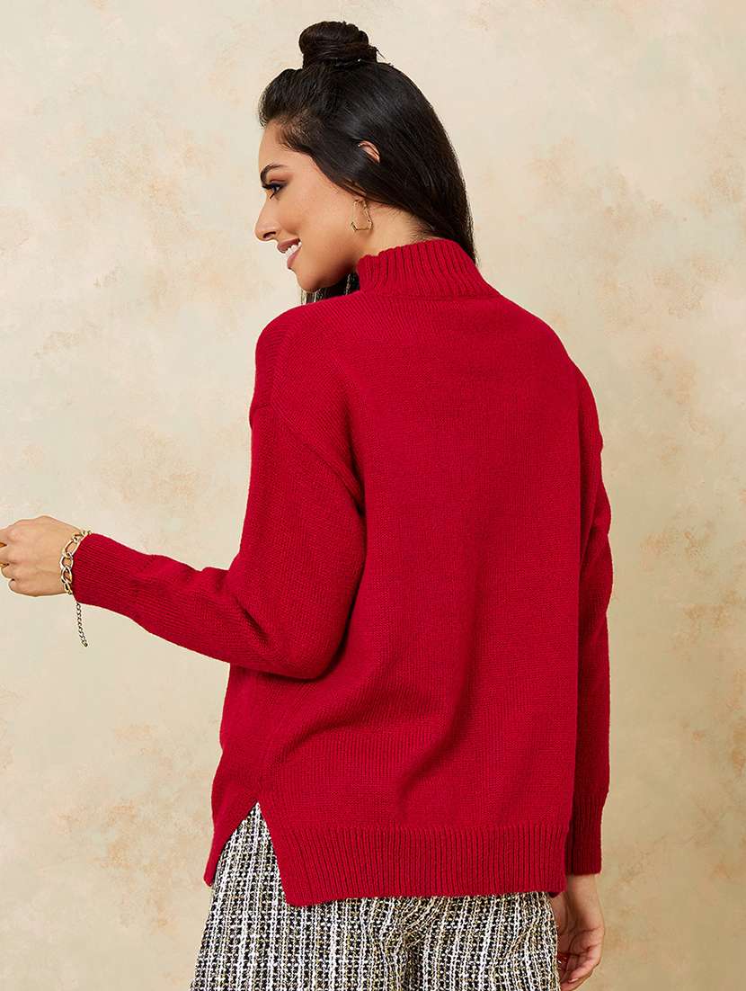 women solid high necj long sleeves pullover - 21673733 -  Standard Image - 2