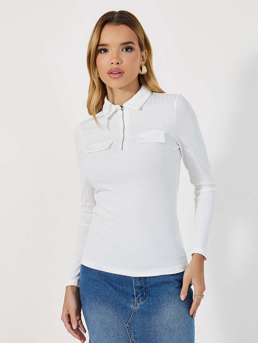 women solid collared long sleeves top - 21673738 -  Zoom Image - 0