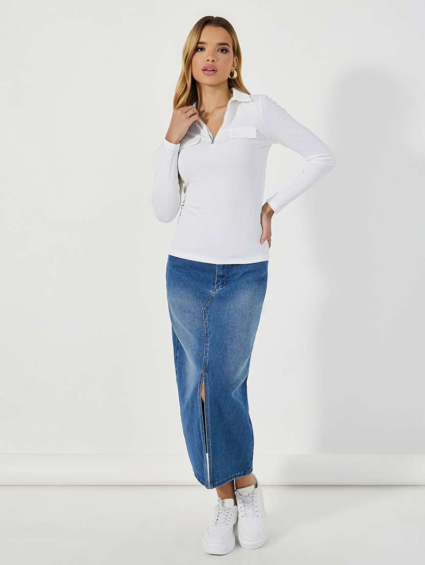women solid collared long sleeves top - 21673738 - Standard Image - 2