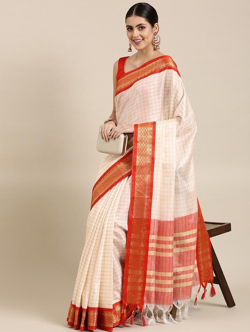 women checks zari bordered saree