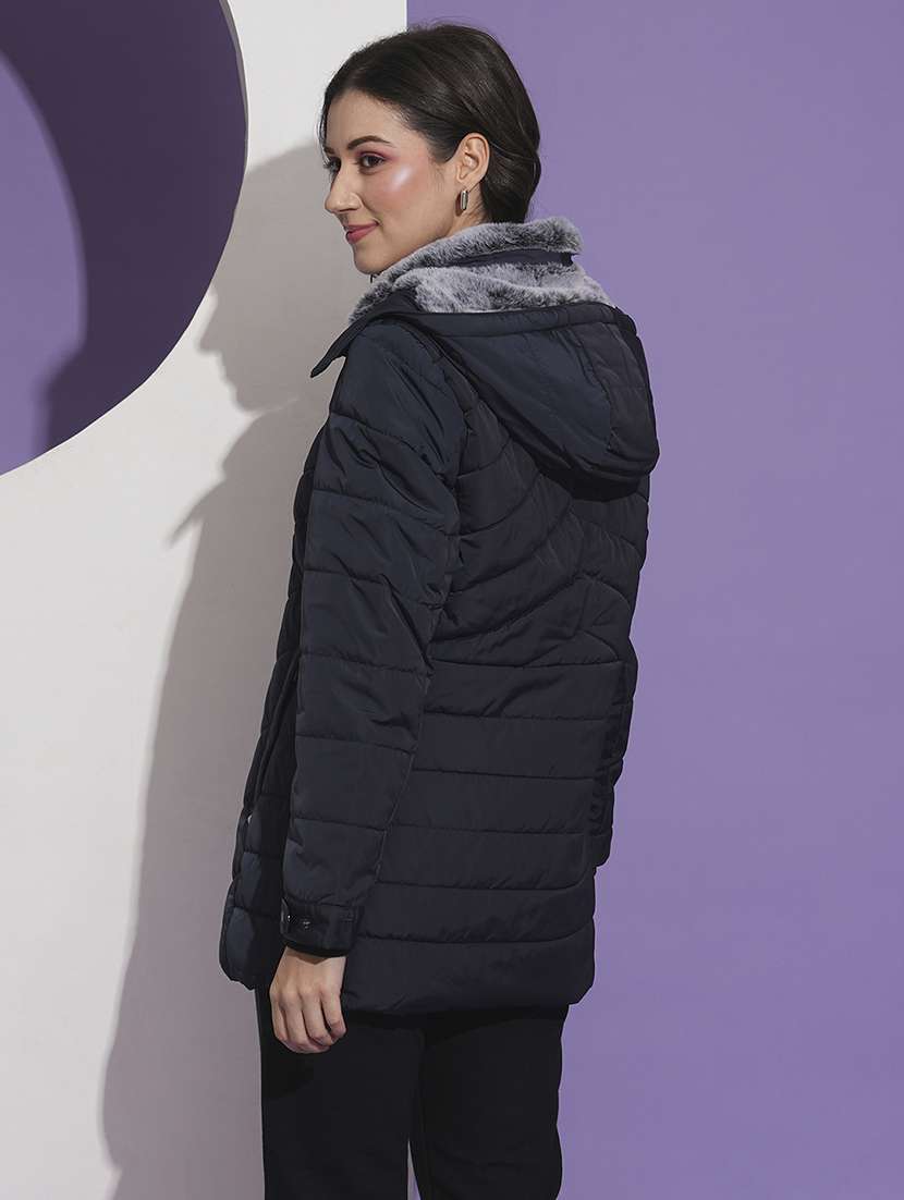 globus women navy blue mock neck front pockets winter wear insulator puffer jacket with detachable hood - 21674612 - Standard Image - 2