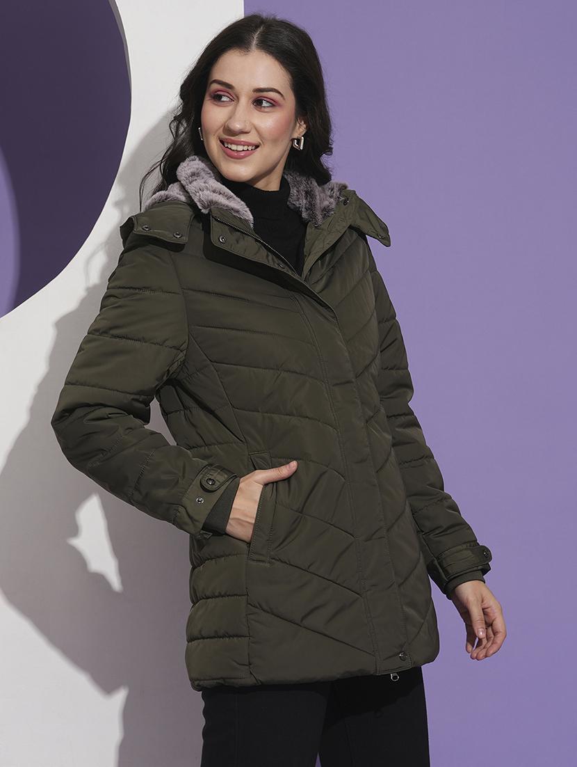 globus women olive mock neck front pockets winter wear insulator puffer jacket with detachable hood - 21674613 - Standard Image - 2