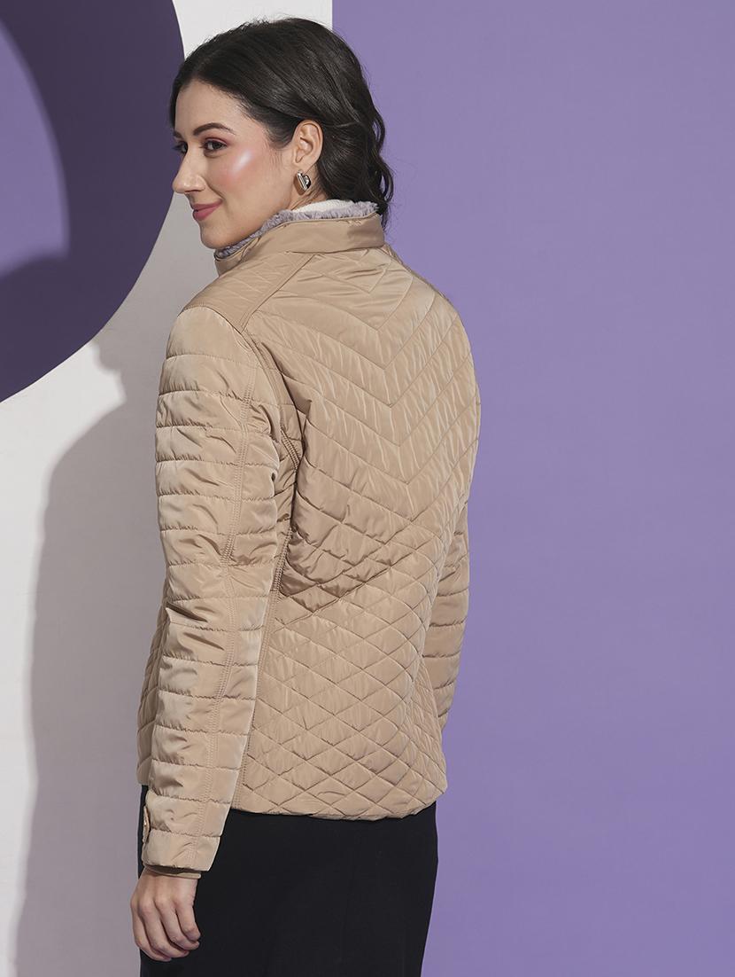 globus women beige mock neck front pockets winter wear insulator puffer jacket - 21674614 - Standard Image - 2