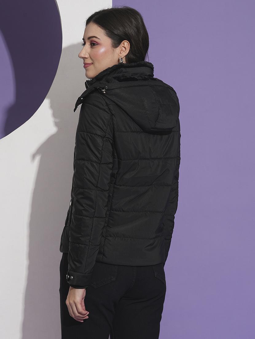 globus women black mock neck front pockets winter wear insulator puffer jacket with detachable hood - 21674618 - Standard Image - 2