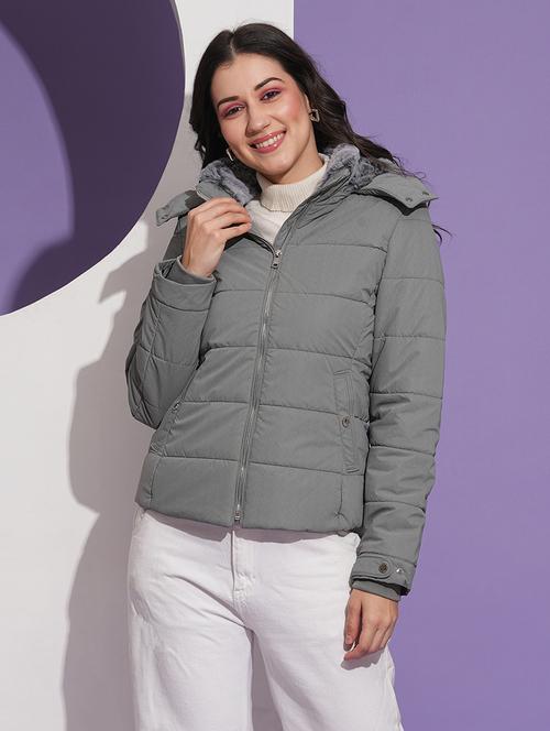 globus women grey mock neck front pockets winter wear insulator puffer jacket with detachable hood - 21674619 -  Standard Image - 0