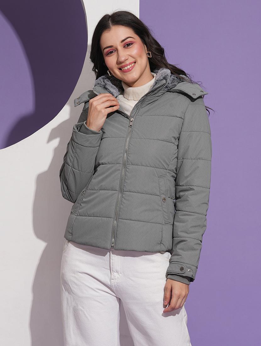 globus women grey mock neck front pockets winter wear insulator puffer jacket with detachable hood - 21674619 -  Zoom Image - 0